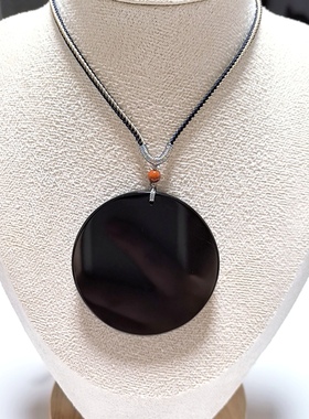 D123# 天然黑曜石圆盘吊坠 吉祥圆满挂件52*7mm