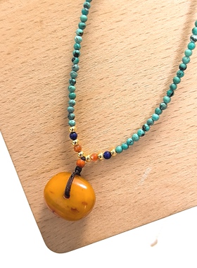 D1279# 天然老蜜蜡饼平安扣吊坠16.5*14*7mm 配绿松石万能链2.5mm