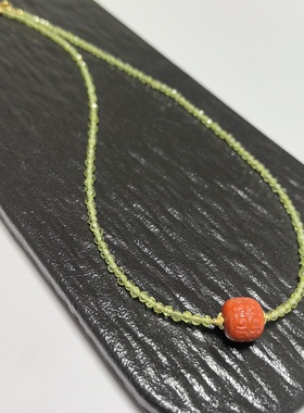 D1456# 天然川料南红回纹珠吊坠 锁骨链10*10.8mm 刻面橄榄石配链