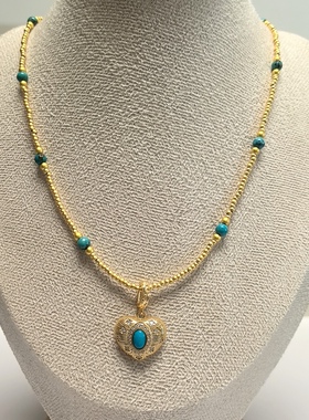 D1459# 通体S925纯银镀金拉丝镶嵌工艺高端绿松石美松爱心吊坠