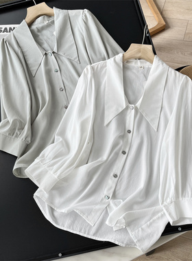 白色衬衫女23秋季新款法式翻领泡泡袖尖领七分袖宽松衬衣职业上衣