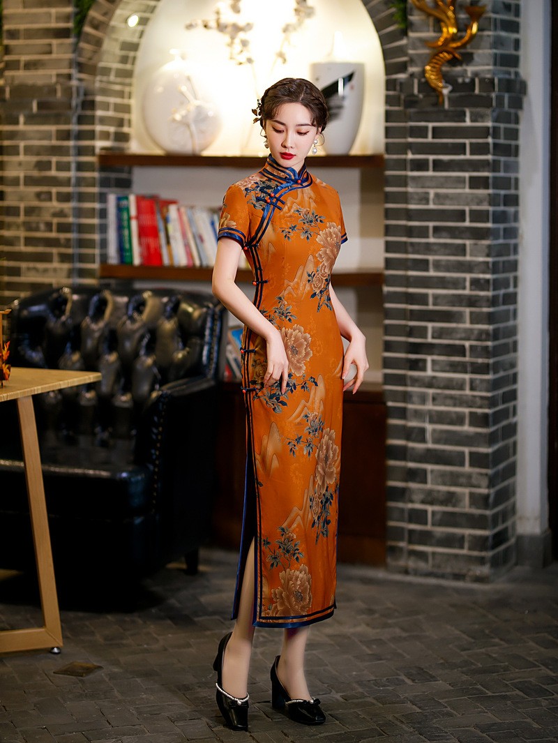 橙色改良法式旗袍連衣裙女2023年新款夏中國(guó)風(fēng)復(fù)古氣質(zhì)年輕款長(zhǎng)款