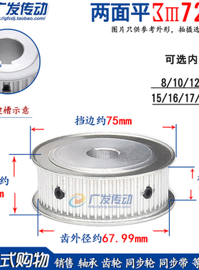 3M72齿 两面平 槽宽16 同步皮带轮 AF型同步轮 内孔8-20mm铝合金