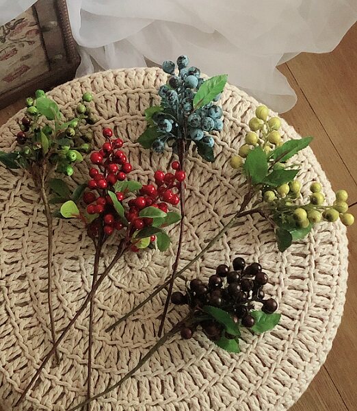 欧式花园油画质感仿真小浆果枝客厅摆设花艺蓝莓果红豆仿真果花枝