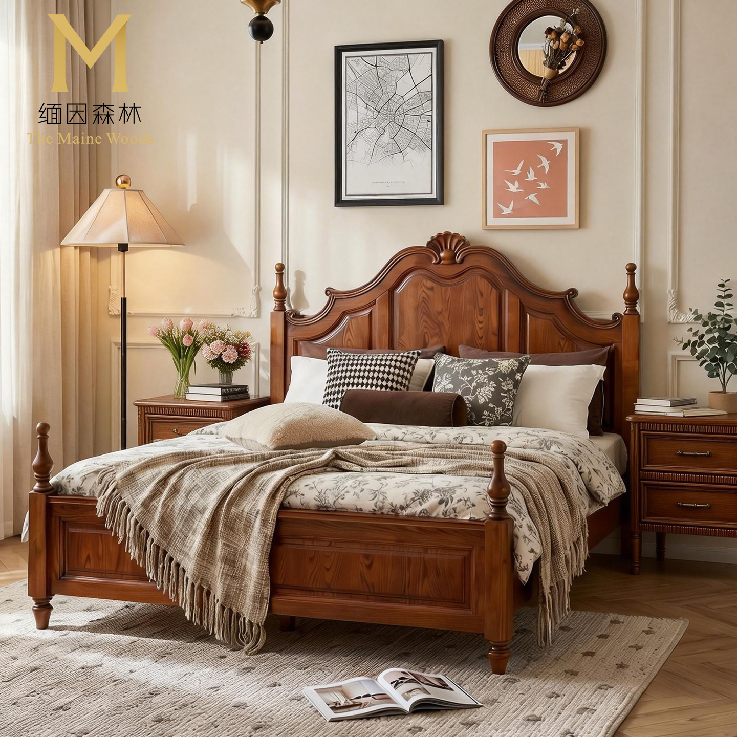 复古风格主卧大床中古纯实木床卧室婚床1.8m双人床白蜡木政府补贴