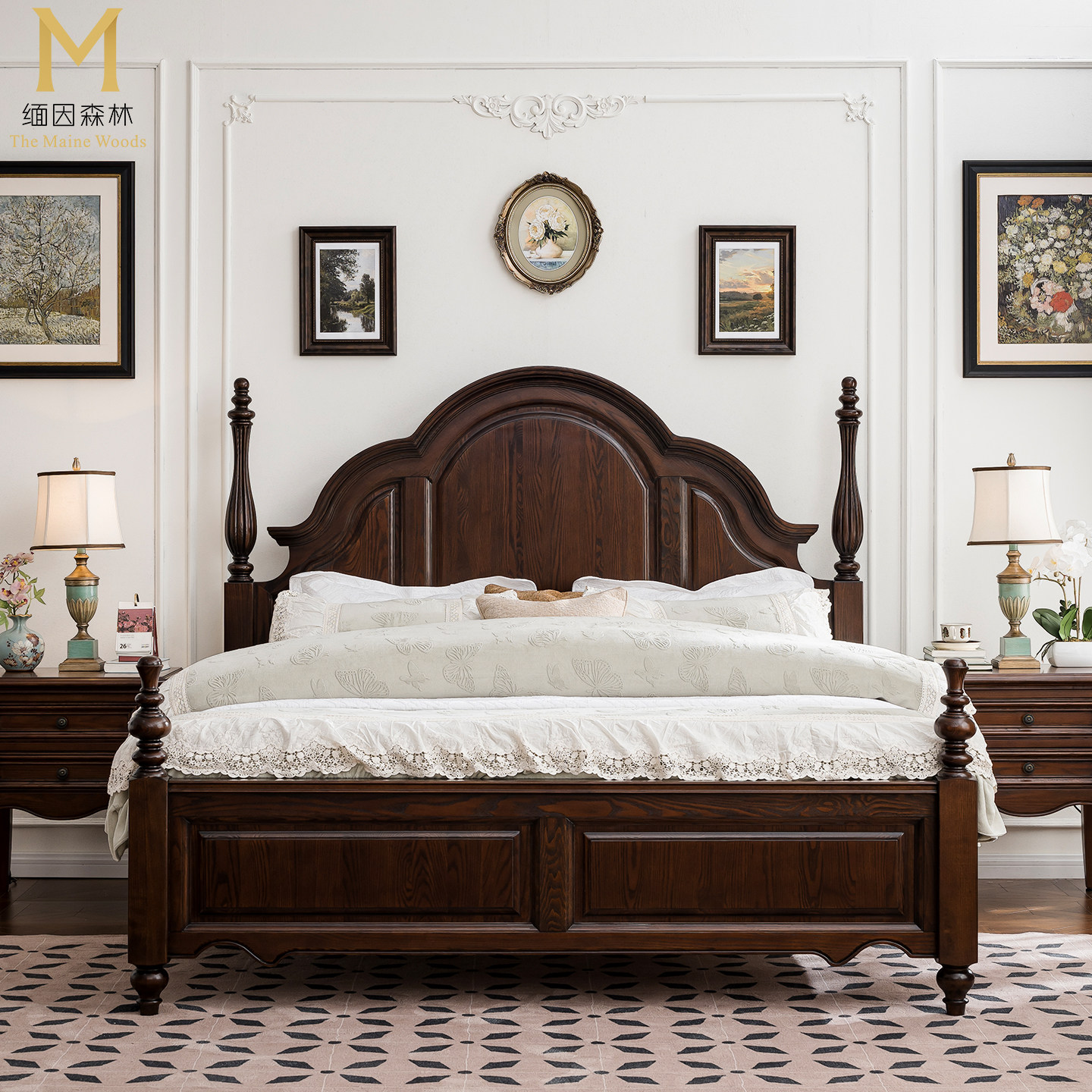 纯实木复古主卧大床婚床美式实木床白蜡木1.8米双人床1.5m大气
