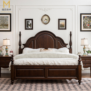 纯实木复古主卧大床婚床美式 实木床白蜡木1.8米双人床1.5m大气