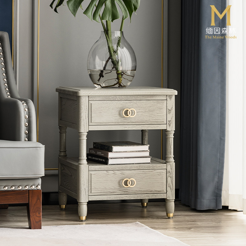 轻奢沙发边柜高级灰边柜灰小茶几美式实木水性漆边几角几置物柜