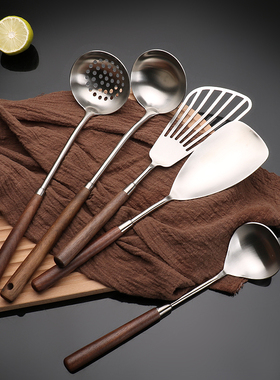 304不锈钢迷你小铲勺胡桃木复古家用厨房煎铲炒菜厨具长手柄勺铲