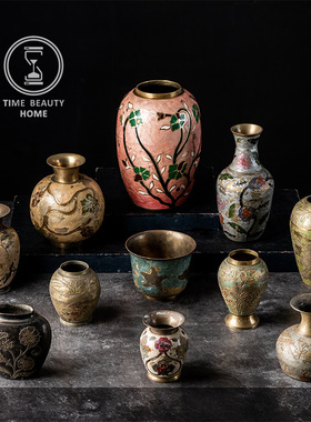 9.12 精品 古董复古VINTAGE黄铜 漆彩花瓶 水杯道具装饰摆件 软装