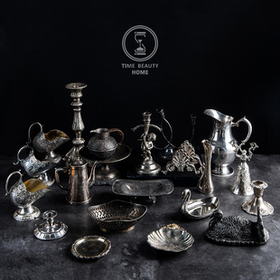 2.24上新欧式 古董复古VINTAGE镀银摆件烛台 摄影道具装 饰摆件软装
