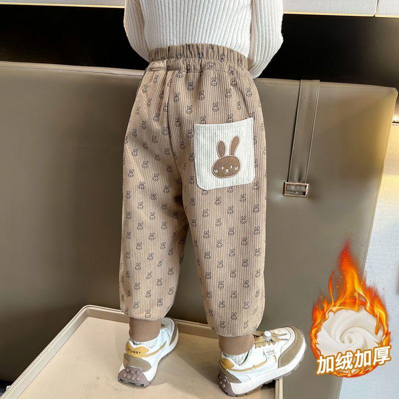 女童加绒裤子秋冬装2025灯芯绒束脚裤女宝宝洋气一体绒休闲裤外穿