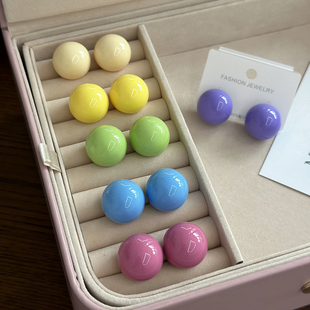 S925银针新款奶油色系大圆球耳钉立体圆形糖果彩色亮面大球球耳环