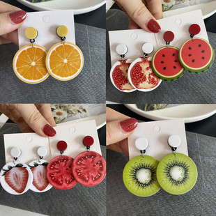 夸张绿色耳坠 清爽百搭水果黄色橘子耳环草莓番茄韩国个性 夏季 新款