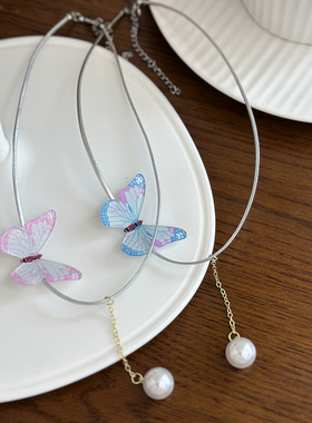 2024新款蝴蝶珍珠流苏项链锁骨链颈带脖子配饰高级感轻奢小众爆款