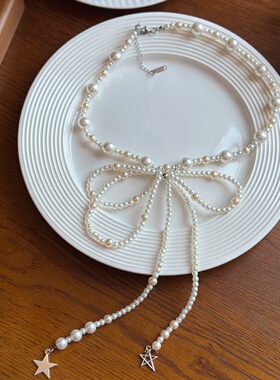 时尚百搭复古系带珍珠蝴蝶结项链