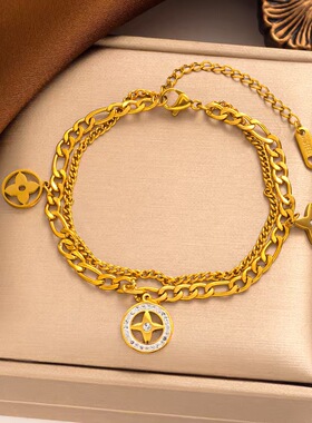 金色双层链条星星吊坠女手链