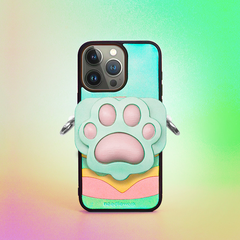 两针一线原创猫爪狗爪汉堡适用苹果16promax新款手机壳背夹情侣高级感iphone15pro真皮挂绳斜挎14pro保护套