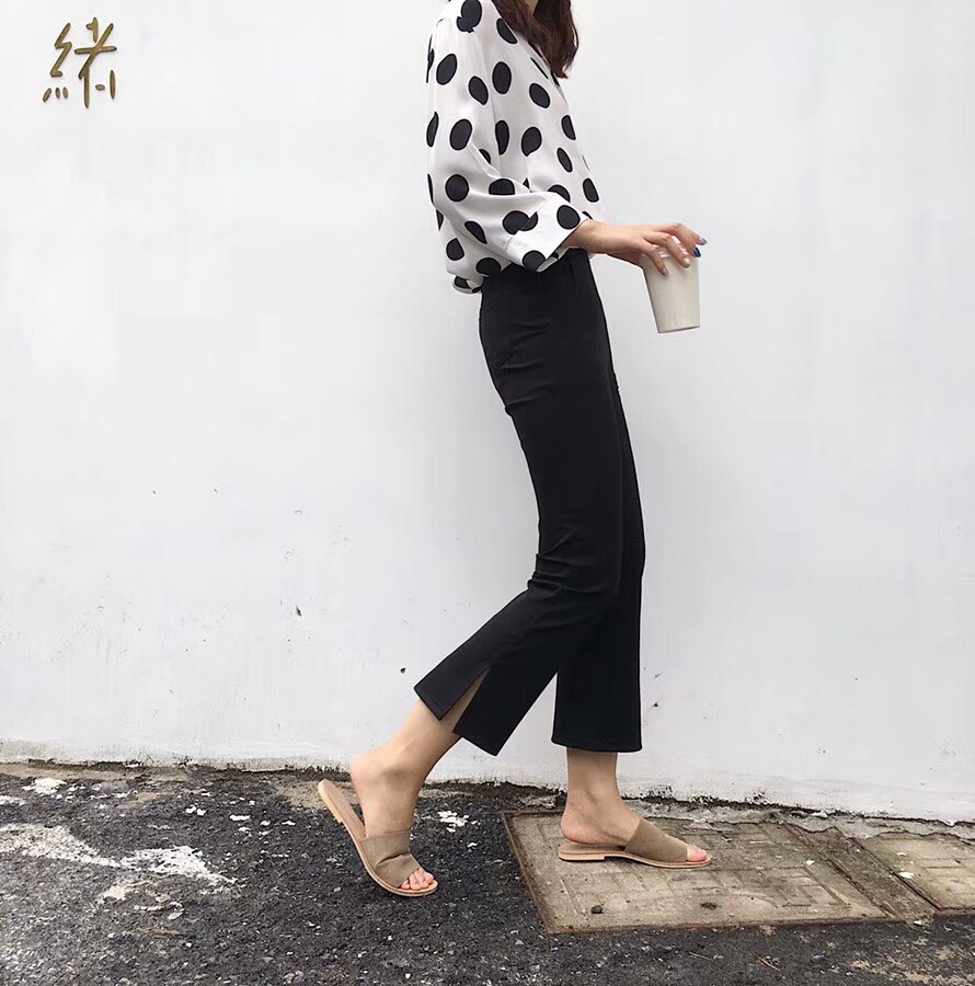 18夏INS超火韩版休闲长裤女罗马布棉纯色松紧腰修身侧开叉喇叭裤