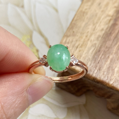 0104号天然缅甸翡翠a货糯冰种飘阳绿椭圆蛋裸石送银戒托一图一物