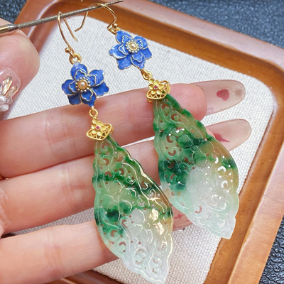 9889号天然缅甸翡翠a货糯冰黄加绿三彩仿古花开富贵耳勾一图一物