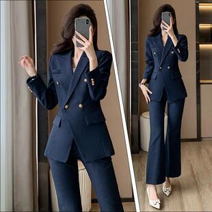 高端条纹微喇裤西装套装女气质女神范面试职业正装西服外套工作服