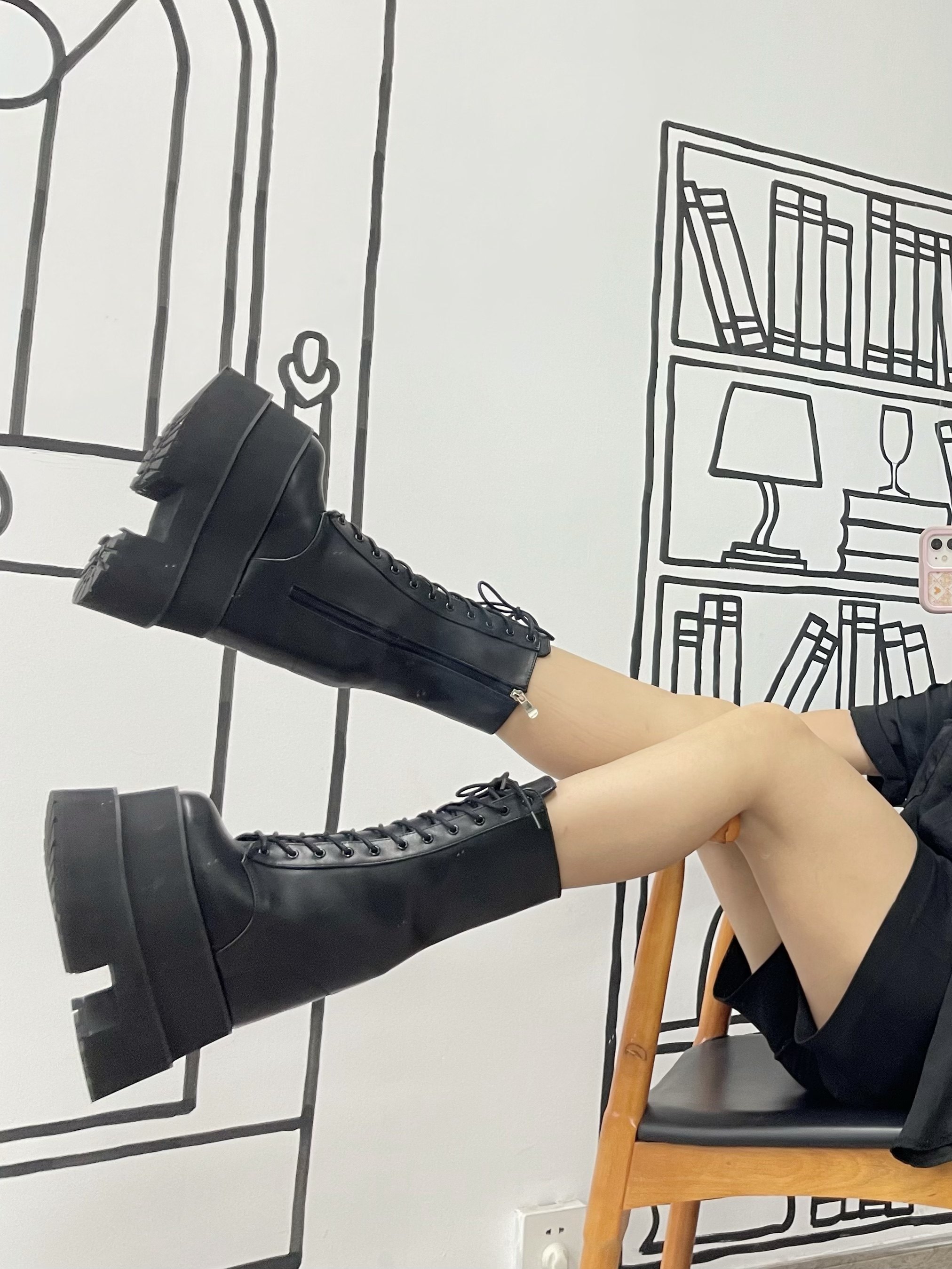 店主实拍增高20cm摇滚哥特风厚底短靴松糕鞋底手工定制防水台短靴