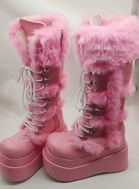 2024秋冬新款实拍时尚雪地棉儿厚底大头靴网红街拍潮款长靴显腿细