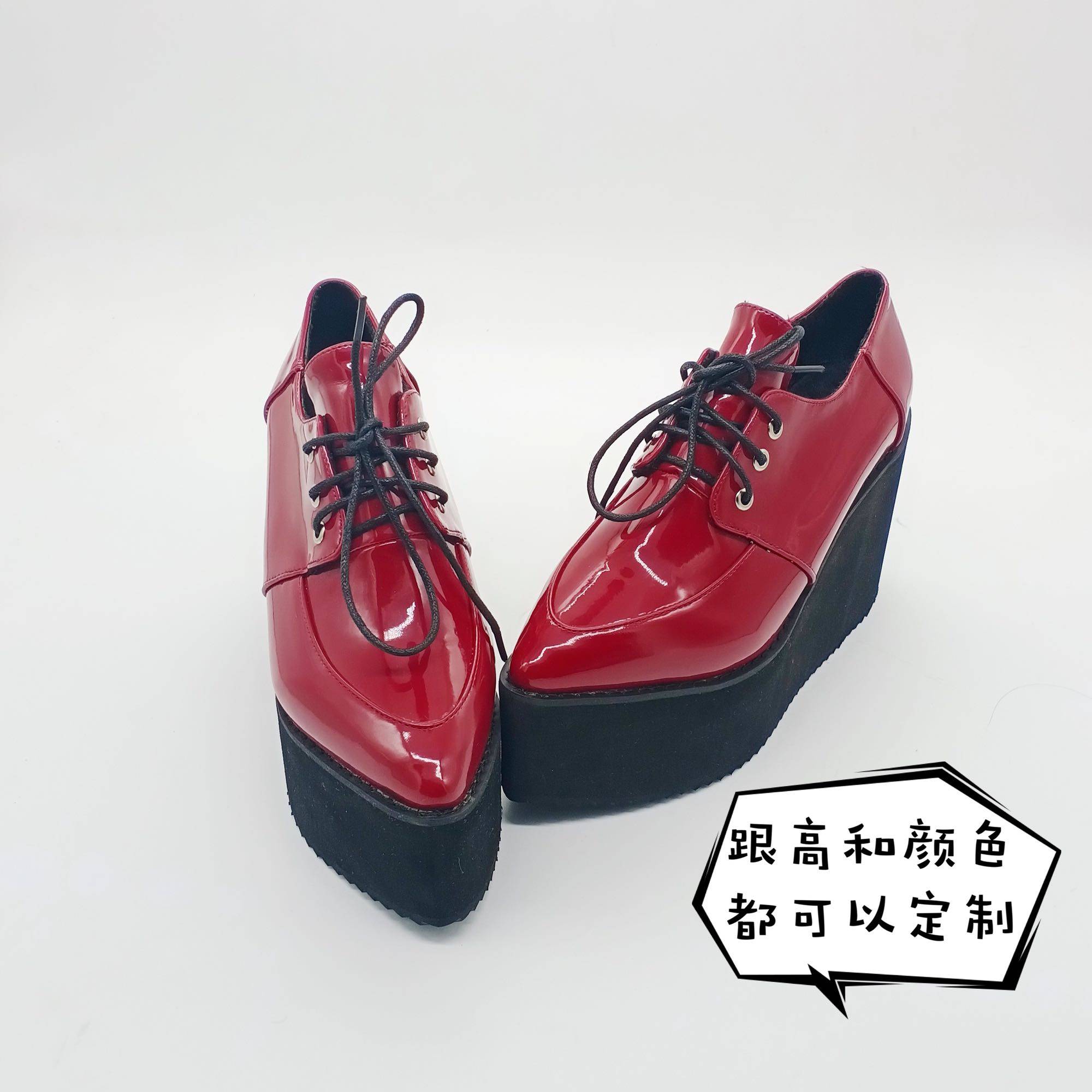 红色厚底鞋2019新款坡跟低帮鞋尖头系带英伦风春秋单鞋小个子最爱