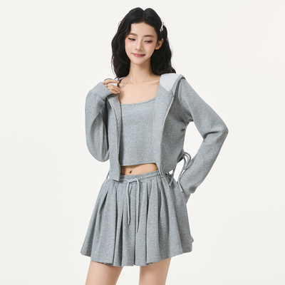 秋季美式辣妹灰色连帽修身短款卫衣内搭背心小吊带两件套女