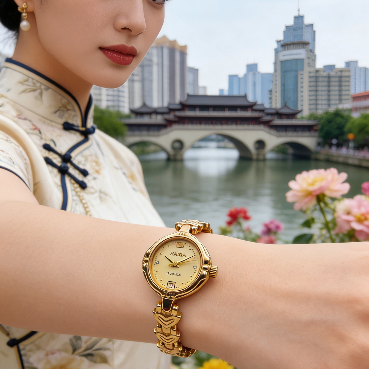 海达手链镀金女机械手表日历