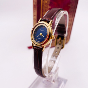 小巧迷你椭圆宝蓝色水钻皮带镀金宝石花国货经典复古石英表女士