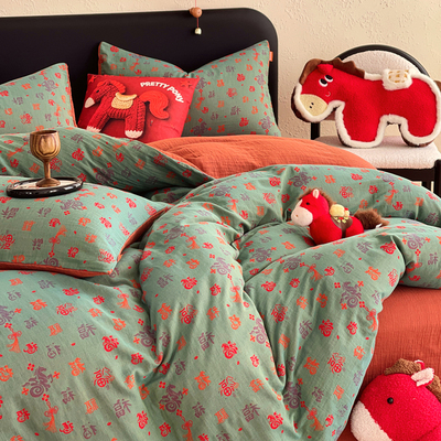 马上发财全棉双层纱床上四件套