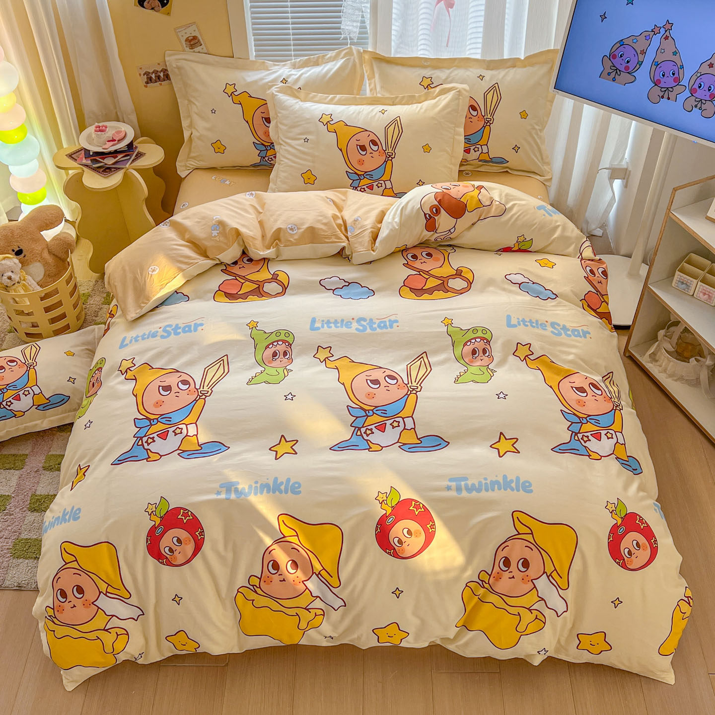 星星人儿童卡通纯棉床上四件套全棉床单被套学生男女孩三件套床笠