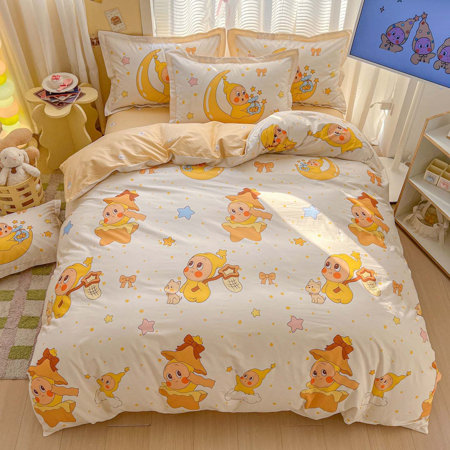 纯棉星星人床品四件套儿童全棉被罩印花三件套床单被单棉被套被子