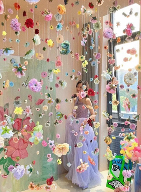 网红悬浮花朵diy花帘子材料包仿真花吊饰毛线球挂饰新年橱窗装扮