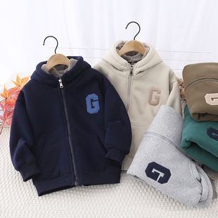 新 拉链卫衣冬款 儿童装 纯柔软棉一体加羊羔绒外套男童加厚连带帽衫