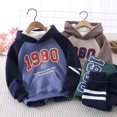 儿童一体加绒休闲连帽卫衣衫冬季