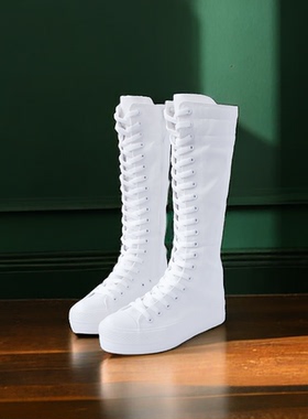 2023韩版高帮内增高休闲高筒帆布鞋长筒靴子舞台演出靴帆布靴街拍