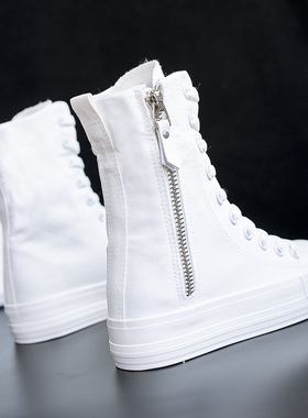 2022韩版高帮厚底白色内增高休闲高筒帆布鞋长筒靴子百搭街拍学生