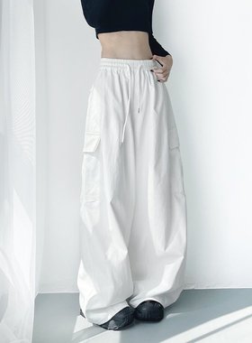 韩舞团白色阔腿裤女运动宽松秋季胖mm梨型身材显瘦遮肉大码工装裤