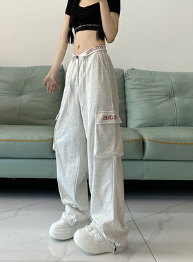 韩舞团灰色工装裤女夏季薄款美式翻边阔腿痞雅裤嘻哈街舞休闲运动