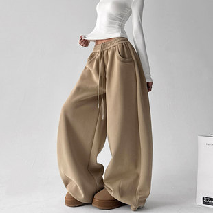 直筒阔腿 加绒加厚街头高腰宽松休闲运动裤 韩舞团卡其色卫裤 女冬季