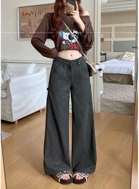 小个子美式军绿色直筒工装裤女秋季2026新款多口袋高腰阔腿牛仔裤