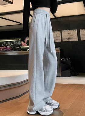 韩舞团灰色加绒加厚卫裤女高腰宽松显瘦窄版直筒裤运动休闲阔腿裤