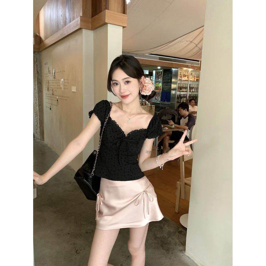 甜辣妹套装法式黑色蕾丝边短袖衬衫女夏季百搭蝴蝶结半身裙两件套,女装/女士精品,时尚套装,淘宝优惠券,粉丝福利购,淘宝优惠卷