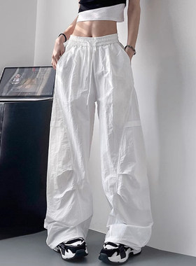 韩舞团白色冰丝速干工装裤女夏季防晒裤宽松直筒阔腿裤休闲运动裤