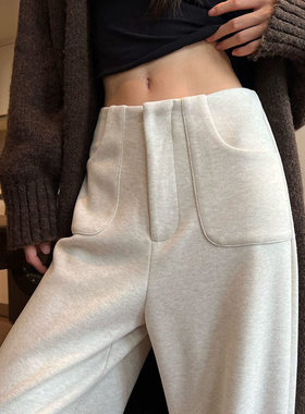 韩舞团白色窄版阔腿裤女秋冬醋酸羊毛呢裤高腰垂感直筒休闲运动卫