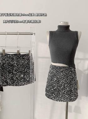 银灰色高腰亮片气质半身裙女辣妹韩版纯欲a字包臀裙防走光短裙子
