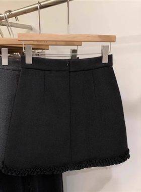 灰色毛呢半身裙女秋冬新款高腰a字包臀裙花边拼接显瘦小个子短裙